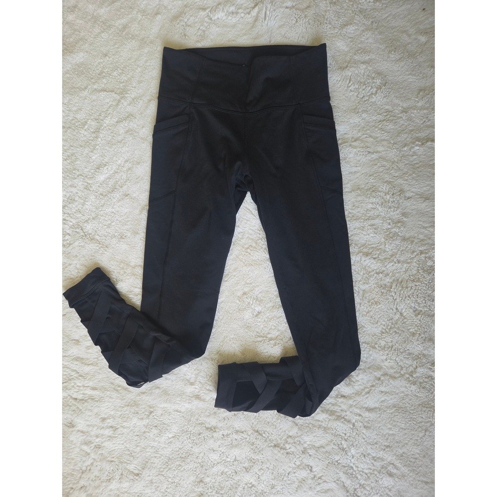 Athleta Salutation Stash Pocket Lattice Strappy Ankle Leggings Black Small